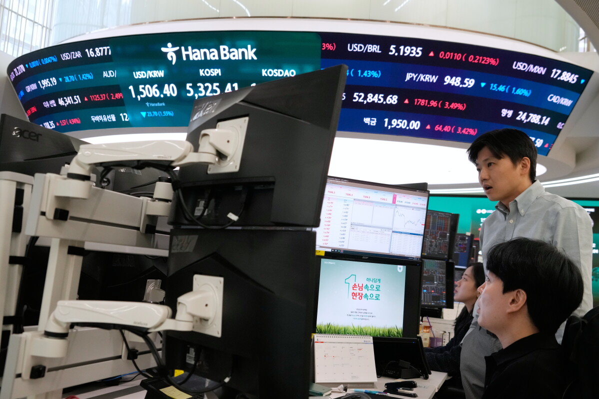 Seoul stock exchange display screen south korea kospi index jump tech electronics sector rally