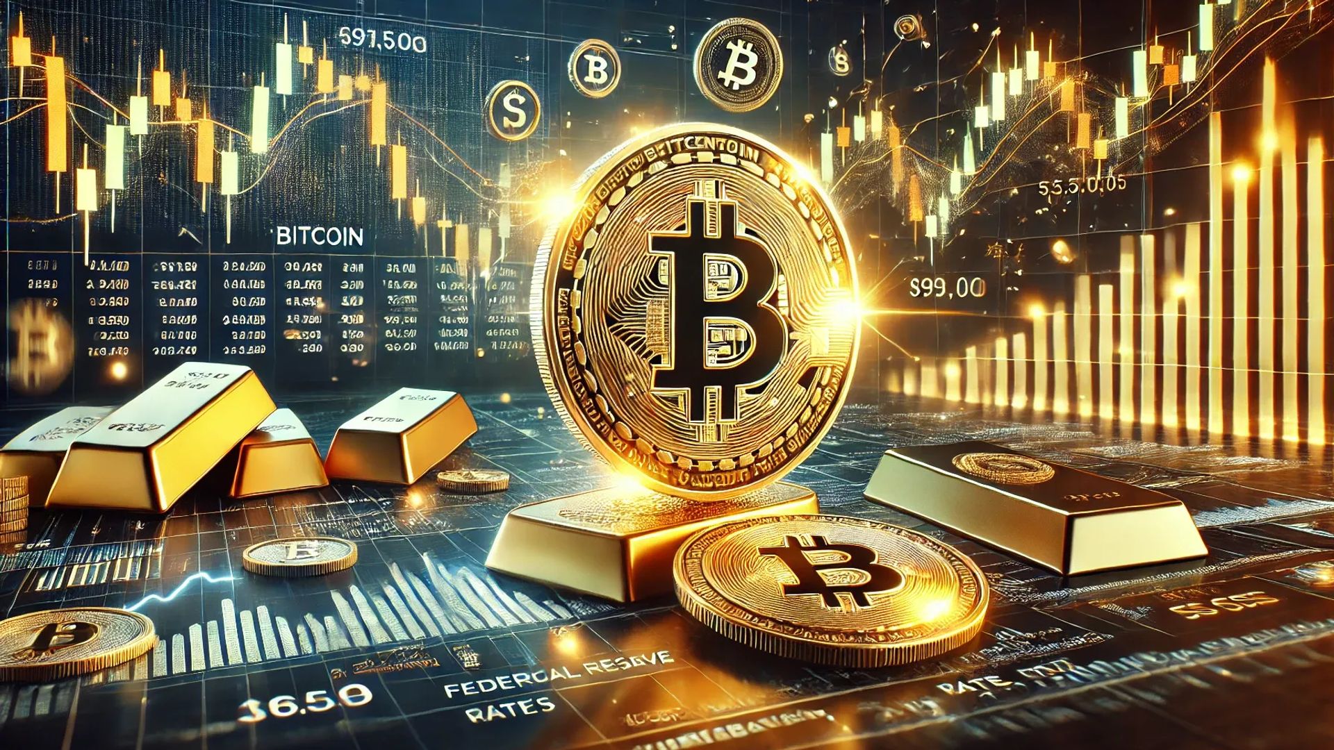 Gold bars vault spot price surge brent crude oil barrel screen cryptocurrency bitcoin chart eth