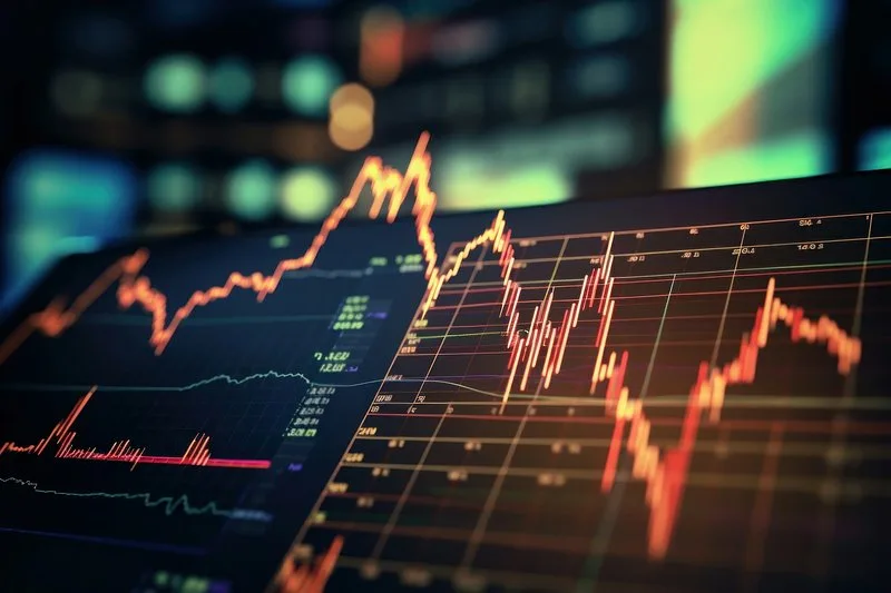 Stock trading terminal showing chipmaker graphics and financial technology index rally