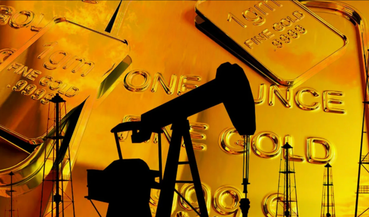 Oil tanker ship at sea with gold metal bars financial market background