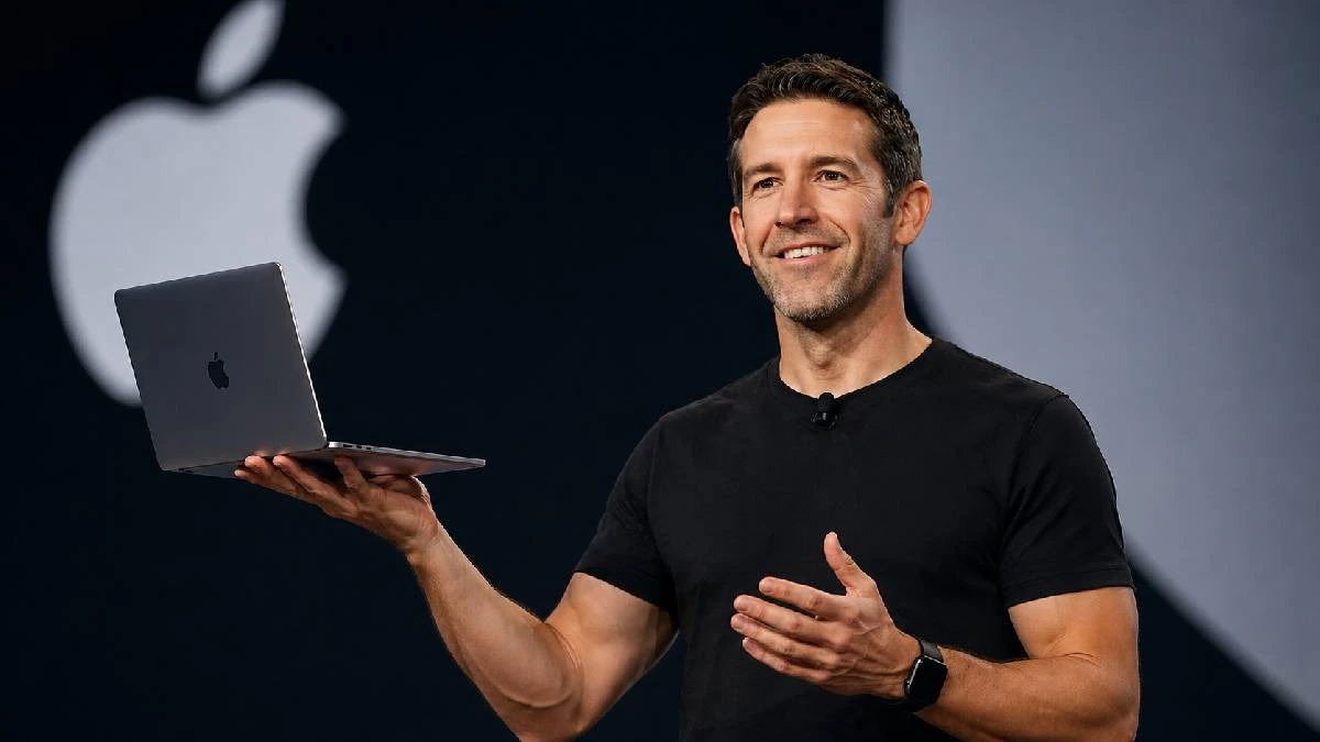 Apple Park auditorium screen displaying new foldable iPhone and AI features with CEO John Ternus