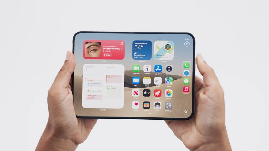 Apple presentation stage showing new iPhone Duo foldable device and A20 Pro specs