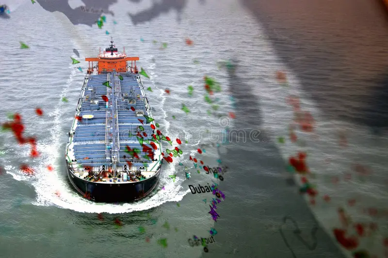 Oil tanker navigating maritime strait with gold bullion bars background