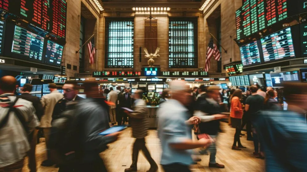 US Treasury bond yield screen reaching 5.045 percent with stock market indices dropping