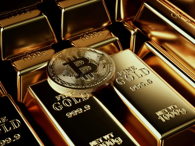Gold bars with bitcoin token on top of financial numbers and 10 year Treasury yield graph