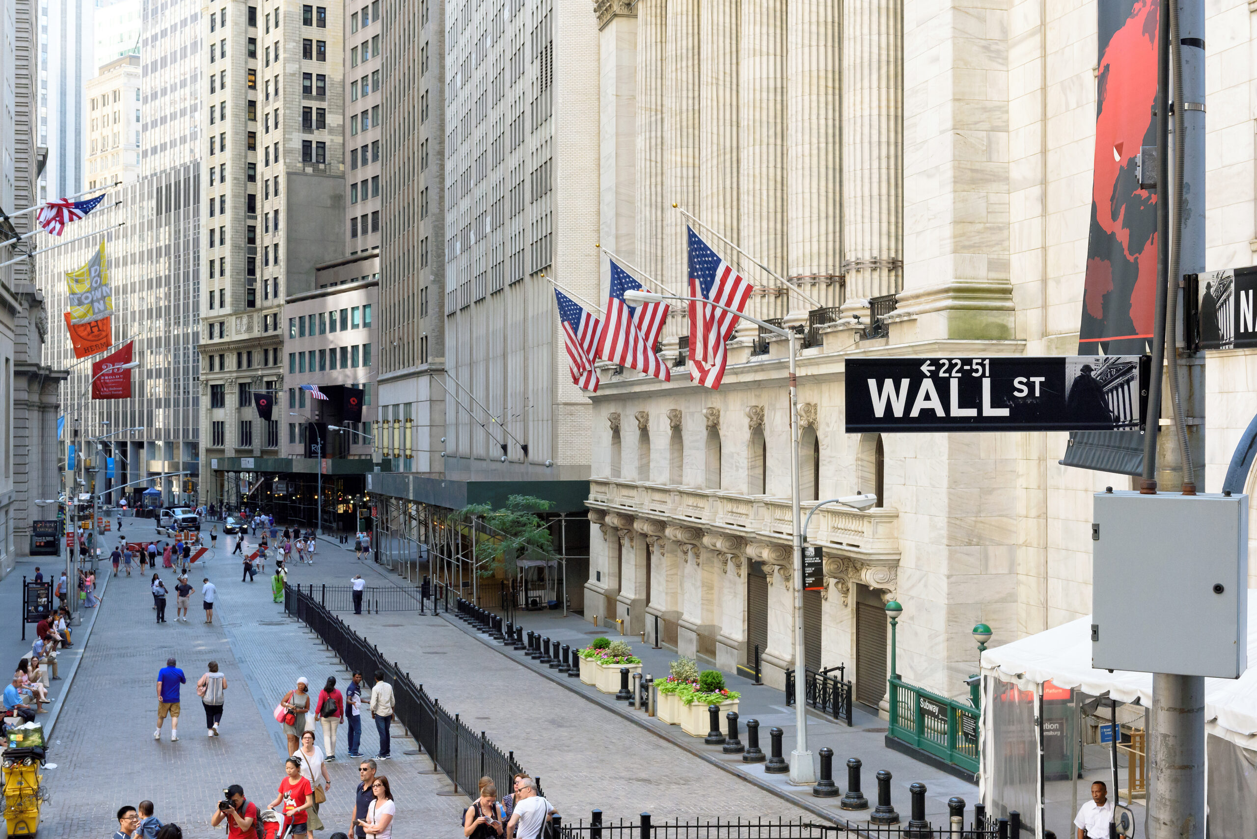 Wall Street financial district and stock market futures chart on Labor Day holiday