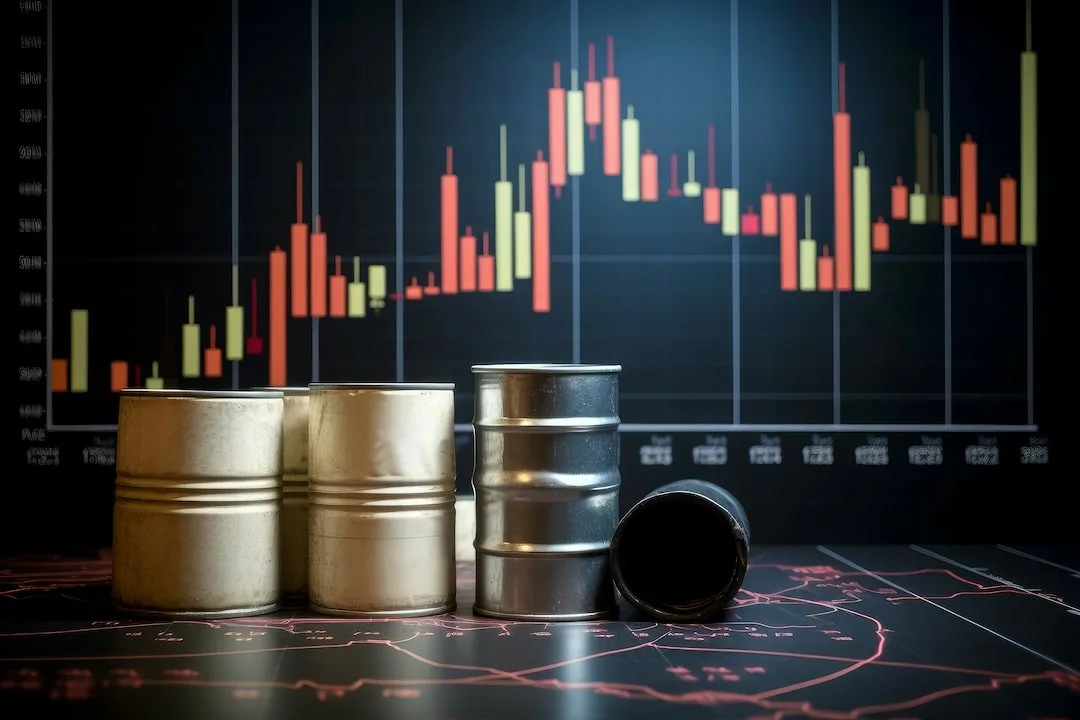 Illustration of Brent oil quotes and gold sideways trend