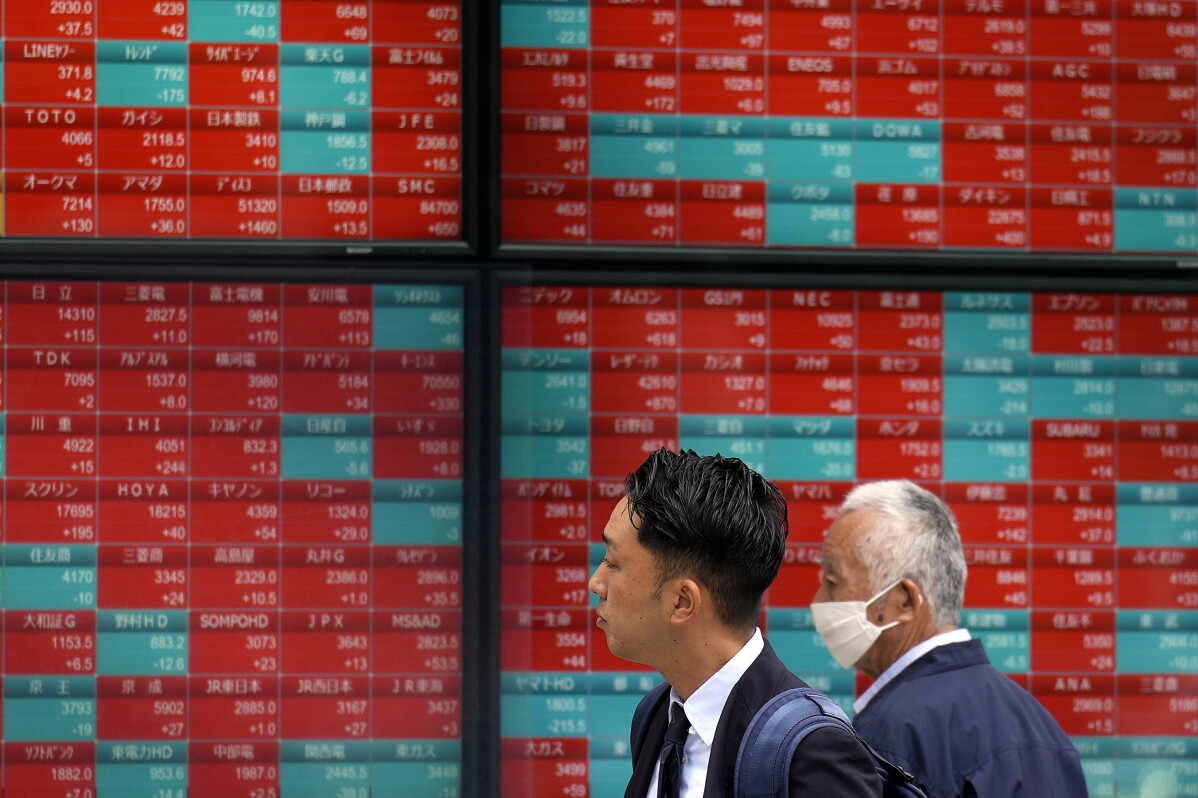 Asian and European stock exchange screens showing broad market decline and inflation pressure