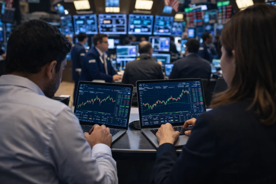 Stock trading floor screens showing semiconductor index falling while software stocks rally