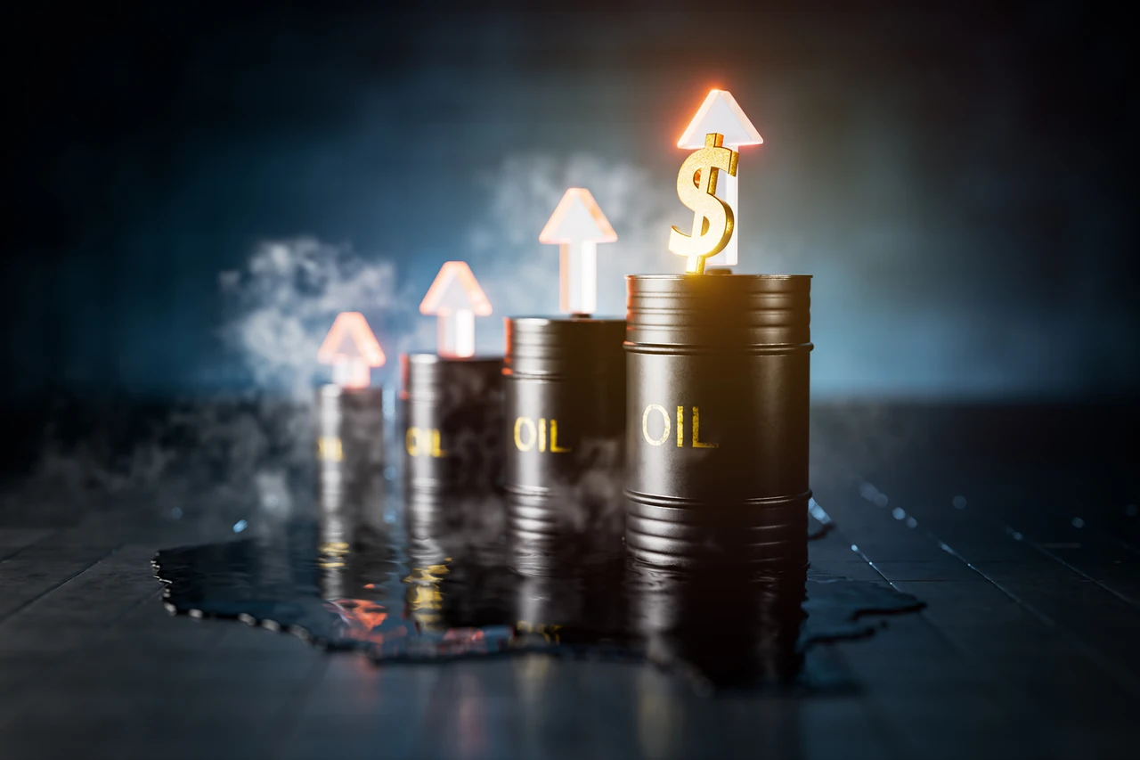 Oil refinery tanks and pipeline with Brent crude price trading near 108 dollars