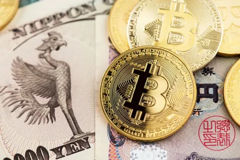 Japanese yen notes with gold bars and Bitcoin cryptocurrency charts