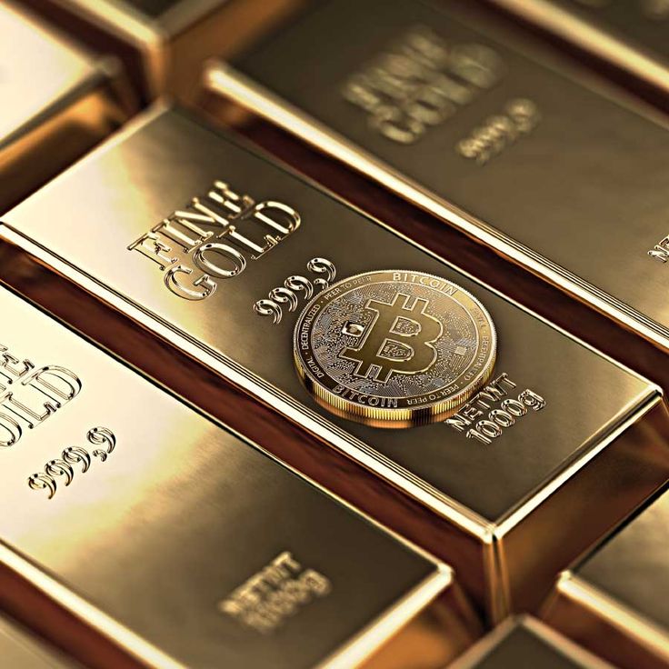 Gold bars glowing on dark surface with Bitcoin logo showing price bounce towards 4400 dollars