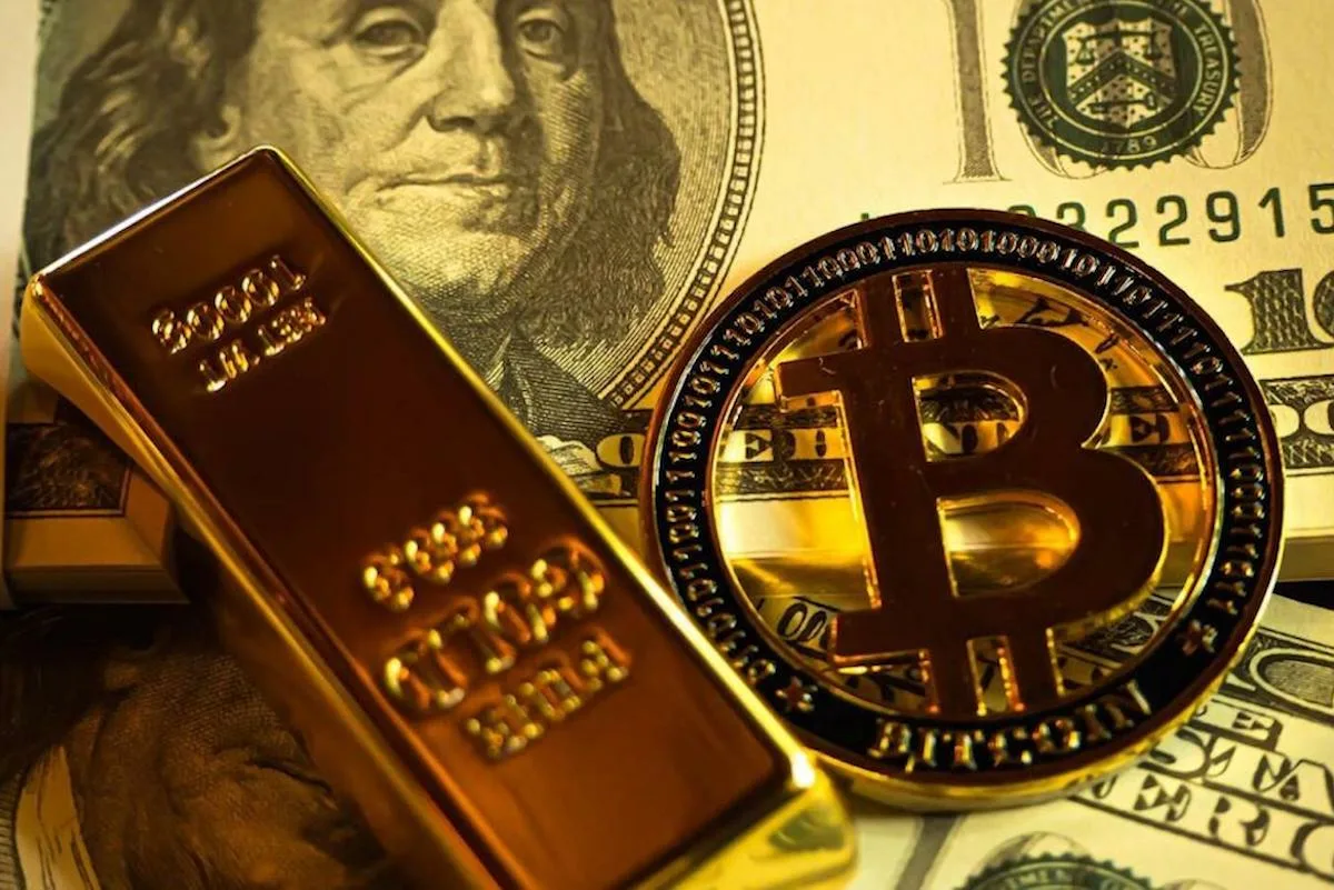 Financial metrics showing surging US treasury yield curves with gold and Bitcoin elements