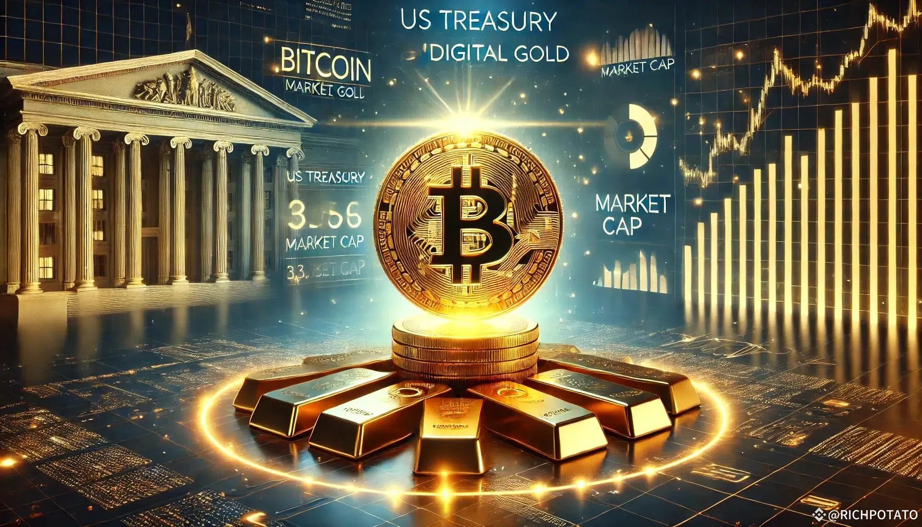 US treasury bond yields graphic combined with Bitcoin logo and gold bars