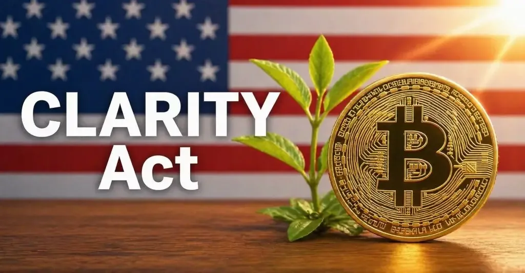 Bitcoin token with United States Senate building background for CLARITY Act vote
