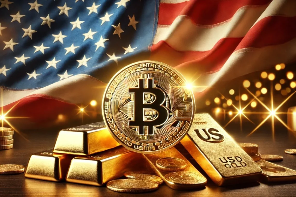 Gold bars with Bitcoin symbol and US Treasuries yield rates analysis