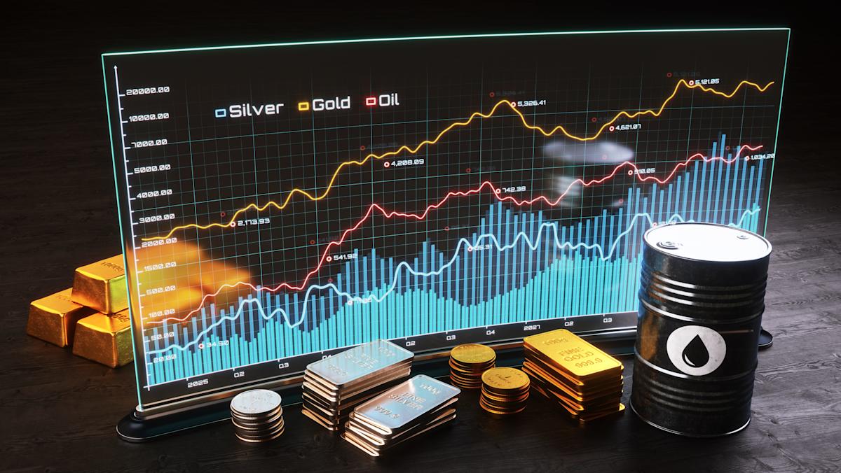Oil refinery barrel and gold bars financial commodities market trading concept