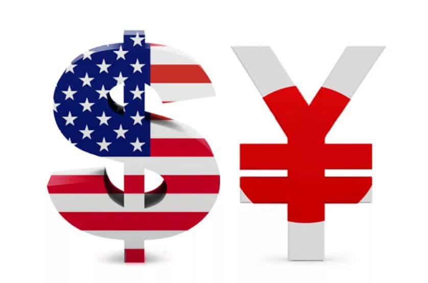 Japanese yen currency trading screen alongside gold bars and bitcoin price ticker