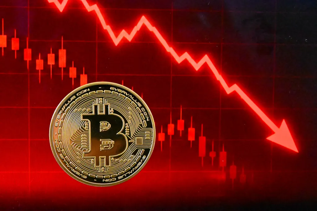 Bitcoin token falling on red financial chart with US Senate background after CLARITY Act vote failure