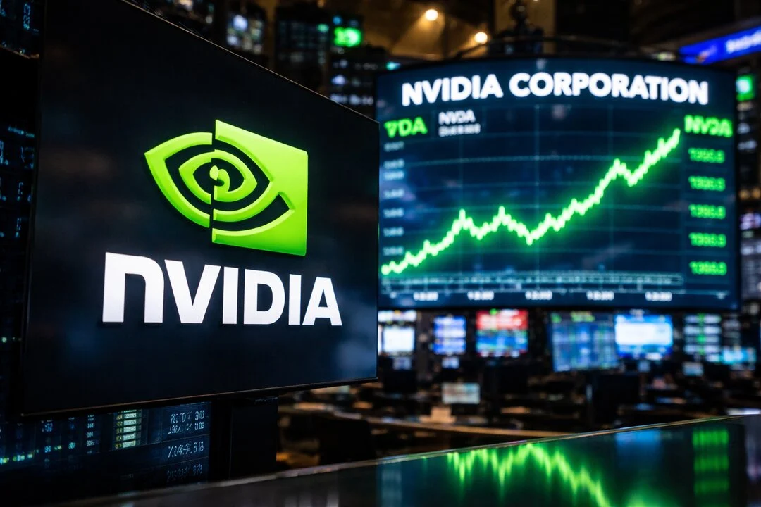 Financial stock market index display showing Nvidia and Nasdaq technology sector rally