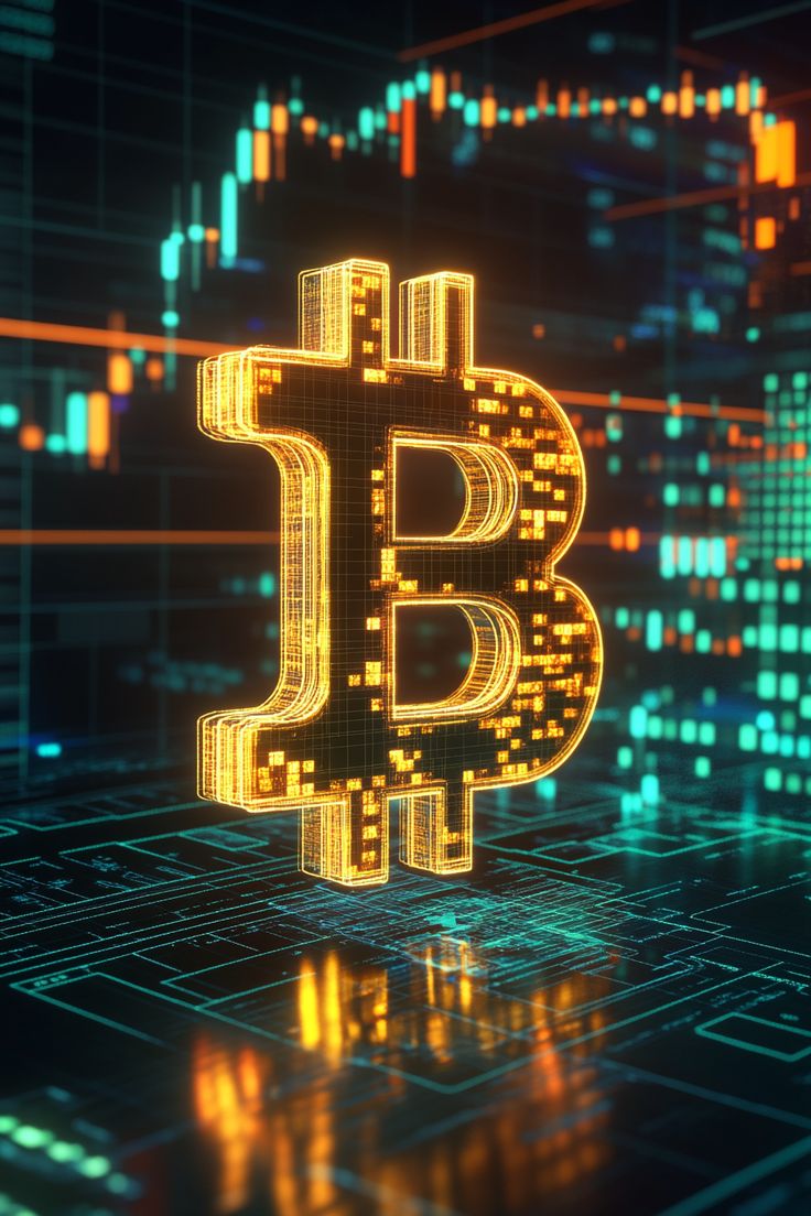 Digital cryptocurrency Bitcoin coin glowing against background of financial bonds chart
