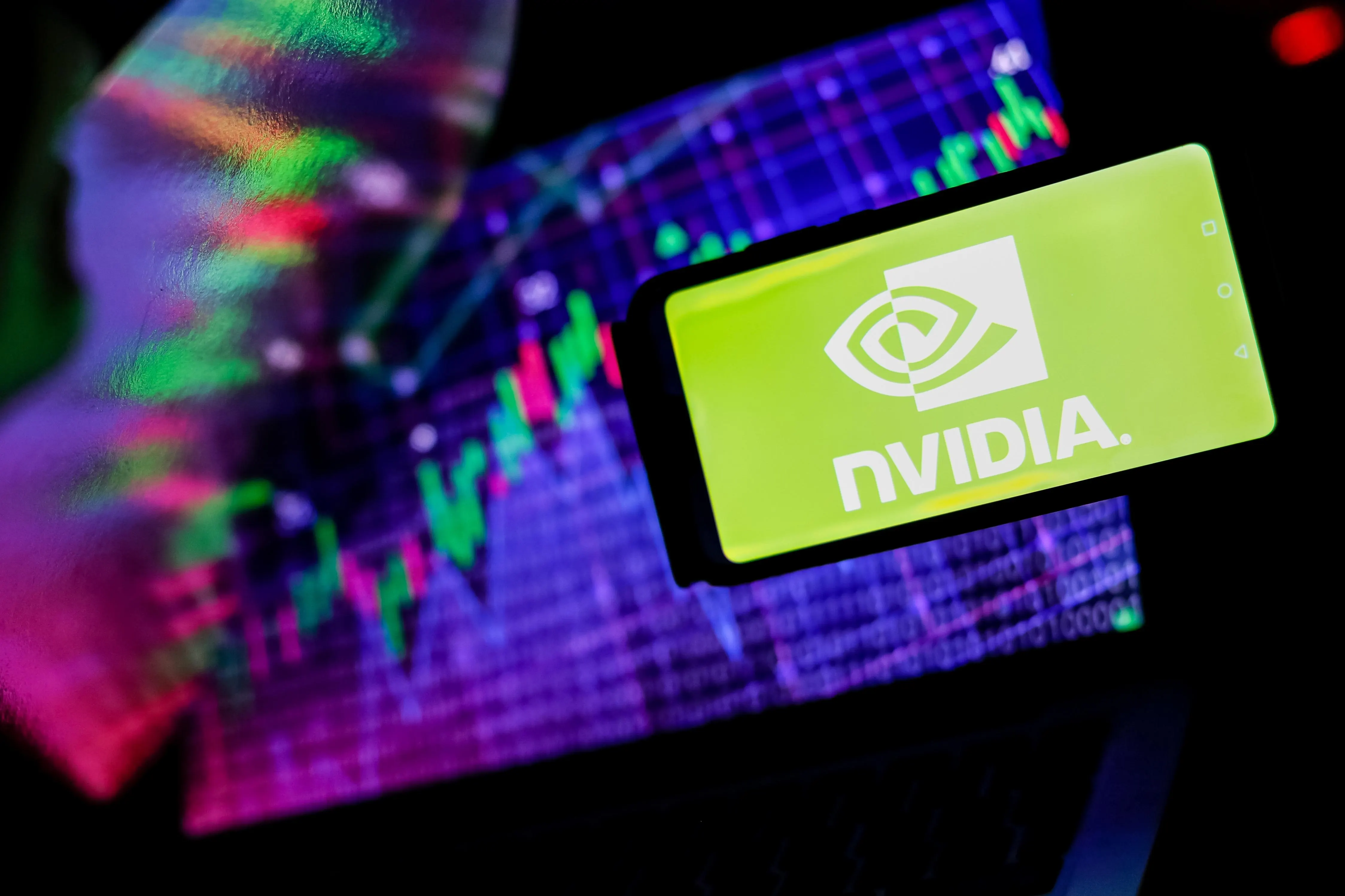 Wall Street stock exchange floor with green index charts and Nvidia Hugging Face acquisition graphics
