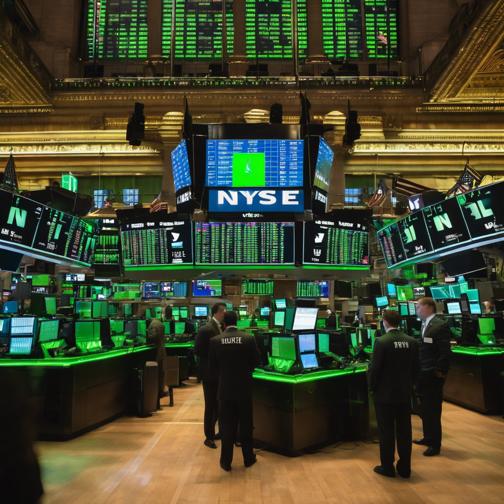 Wall Street trading floor with green tech stock index quotes and computer chip graphics